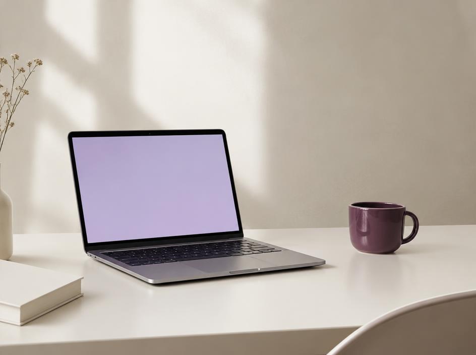 Laptop aperto con schermo lavanda su una scrivania chiara